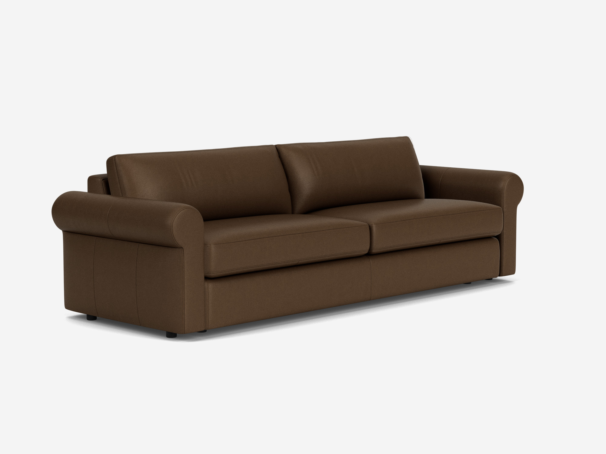 Front angle view of brown leather 2-seat sofa with roll arms